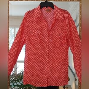 Tory Burch Cotton Geometric Orange/White Print Long Sleeve Shirt